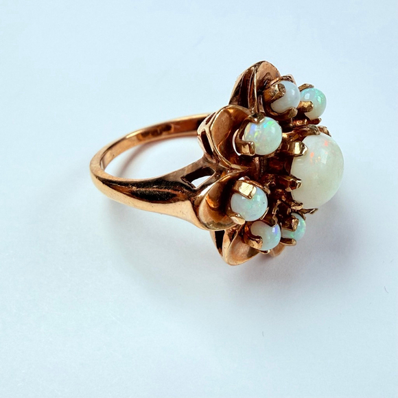 Estate 14K Solid Yellow Gold Australian Opal Vintage Atomic Retro Cocktail Ring - Picture 6 of 12